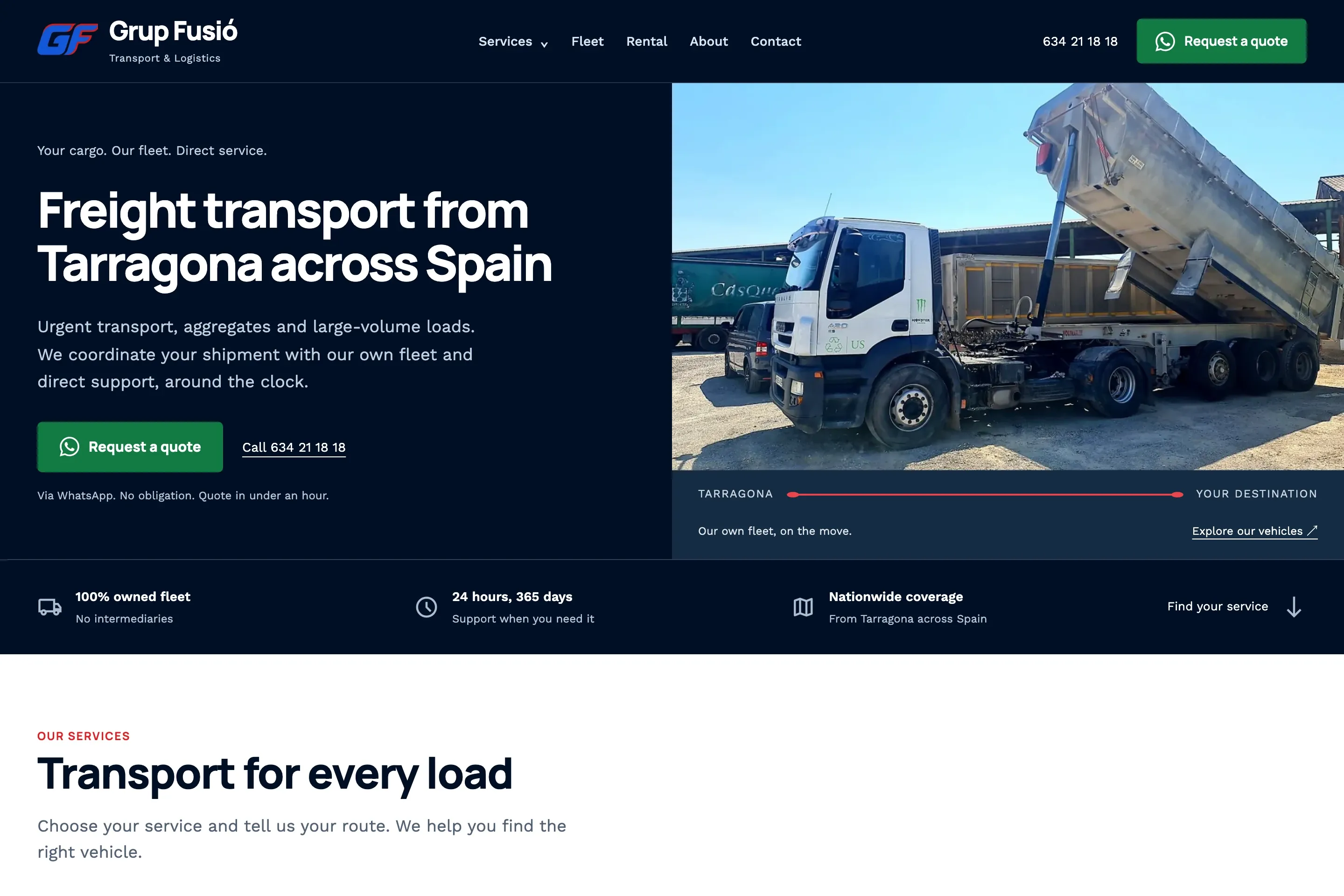 Web de Grup Fusió con sus servicios de transporte y flota.