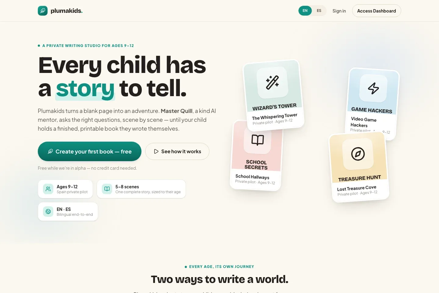 PlumaKids website featuring its writing studio and illustrated story selection cards.