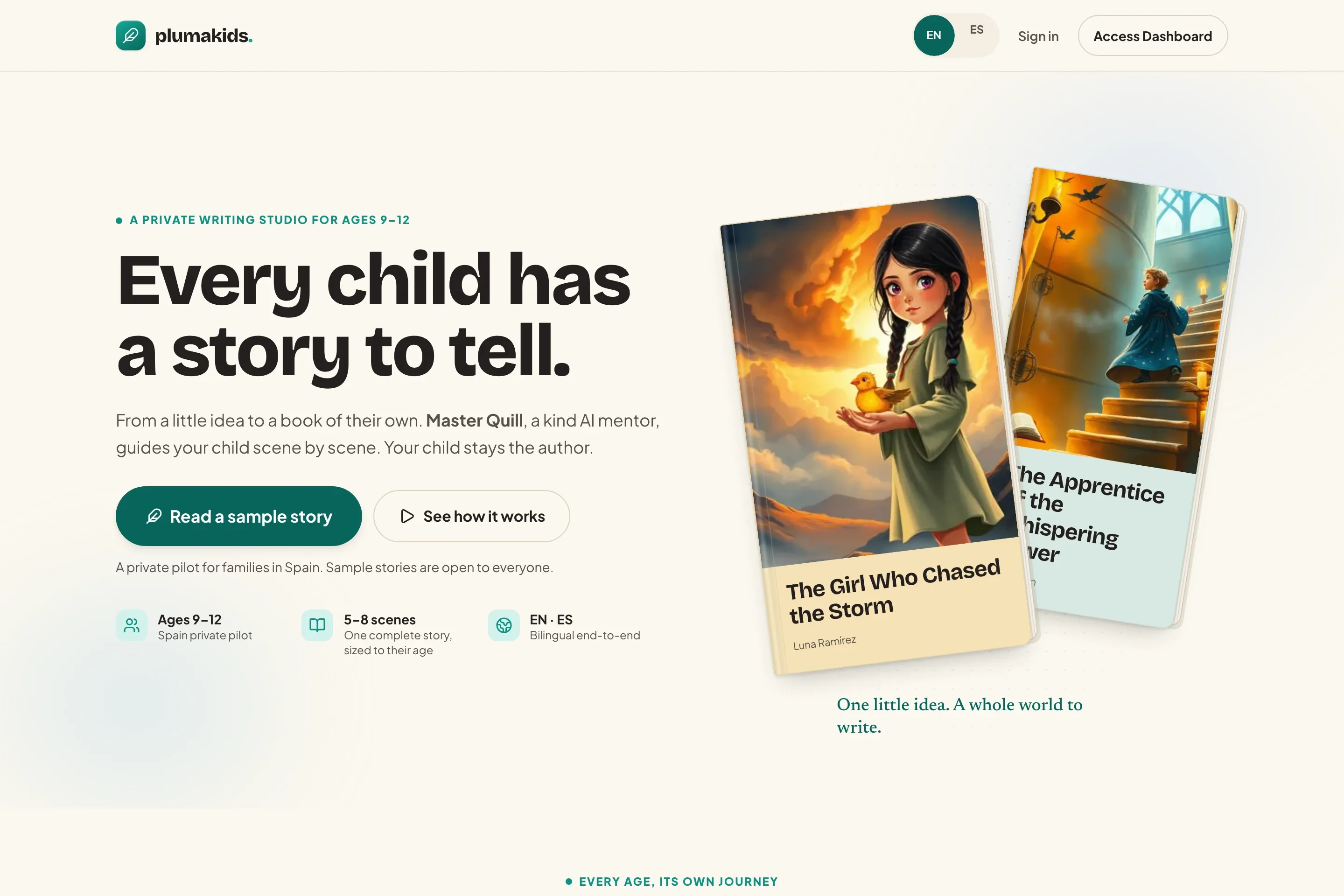 Web de PlumaKids con su estudio de escritura y tarjetas ilustradas de relatos.