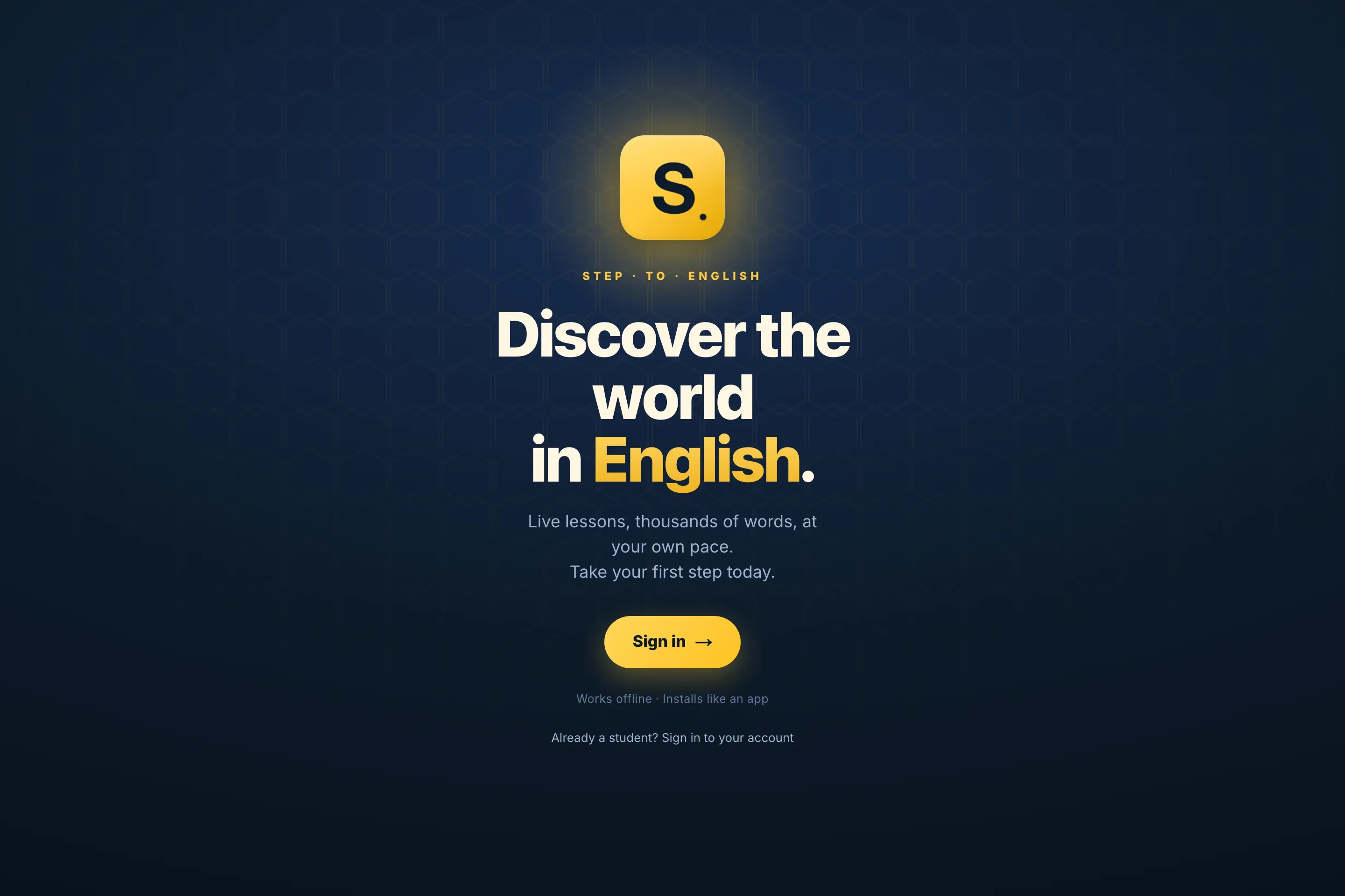 Step to English progressive web app entry screen with its yellow S mark and student sign-in.