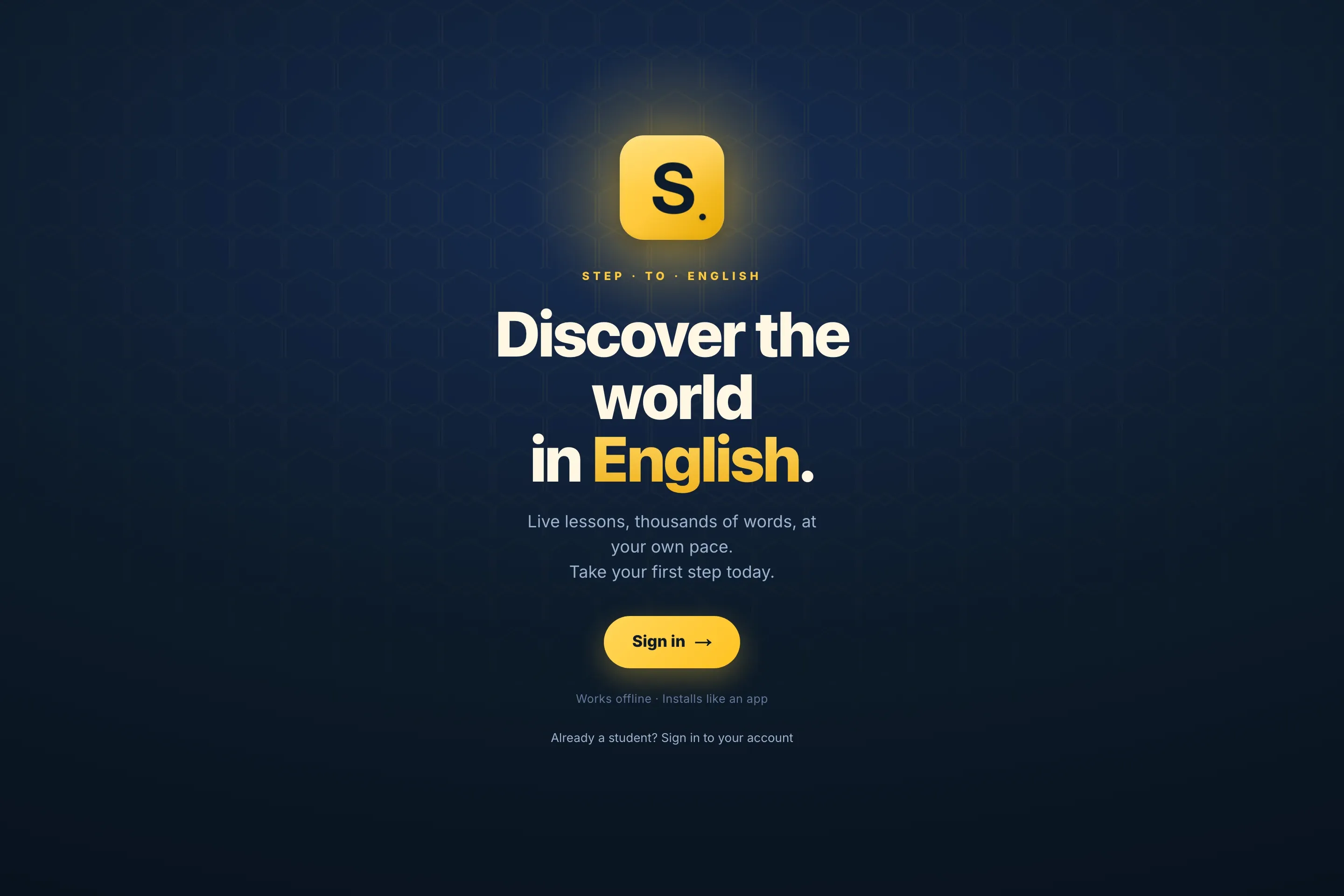 Acceso a la aplicación web progresiva de Step to English, con su marca S amarilla e inicio de sesión para alumnos.